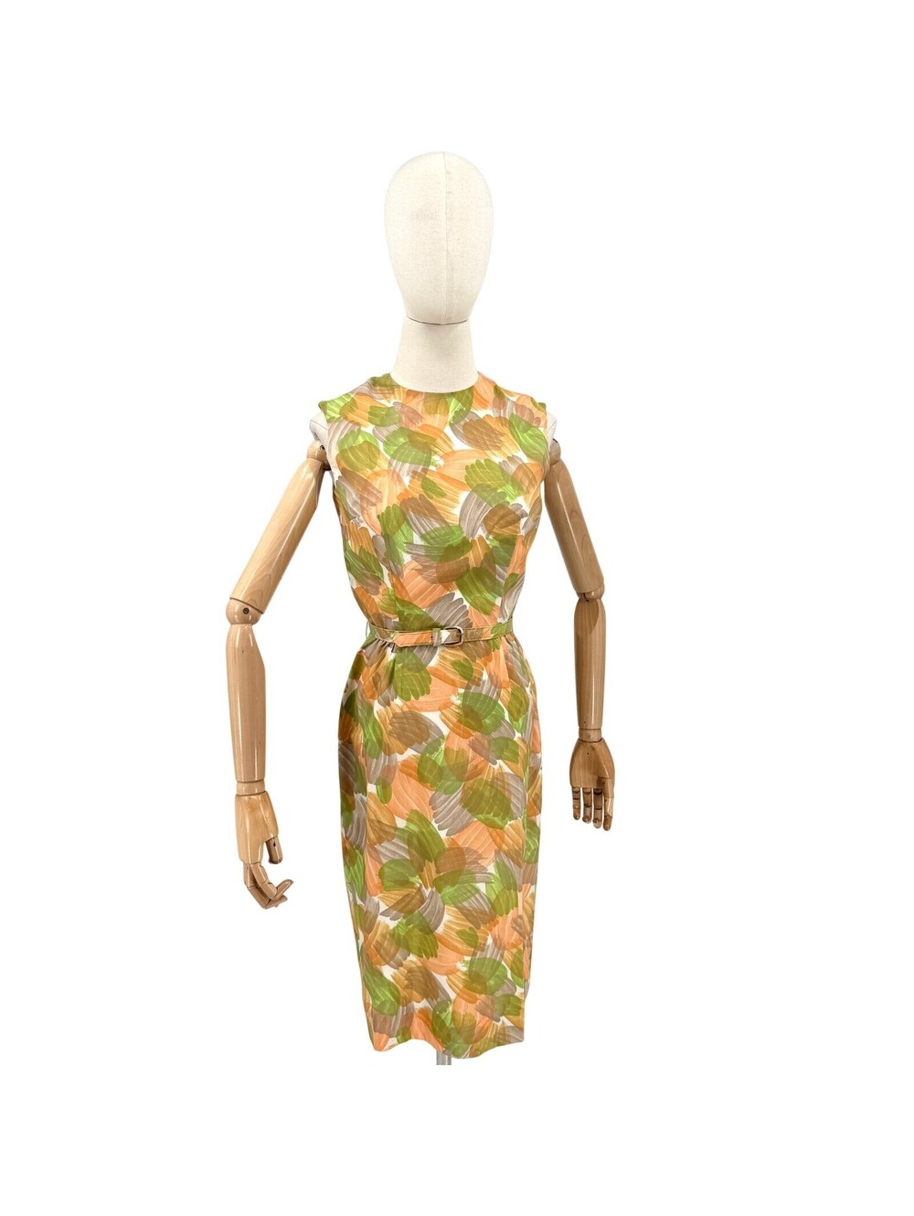 Vintage 60s Green Orange Brush Stroke Belted Pencil Dress